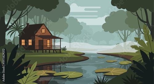 Cozy wooden cabin nestled by a tranquil river