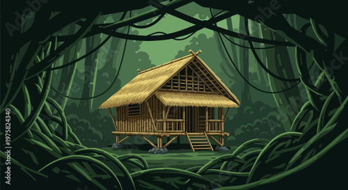 Traditional Bamboo Hut with Thatched Roof in a Lush Jungle Setting