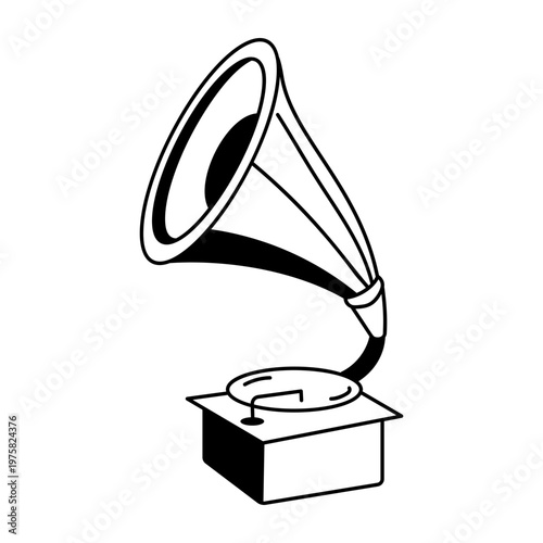 A doodle style icon depicting a vintage gramophone