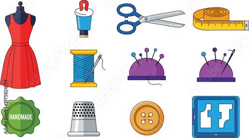 Sewing and Handmade Craft Icon Set with Dress, Scissors, Needle, Thimble, Button, Pin Cushion, and Measuring Tape Symbols