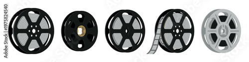 A set of vintage film reels. Vector icons for cinema, filmmaking, and movie production. Classic black and grey design for retro entertainment concepts.