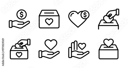 A set of donation and charity line icons. Includes symbols for giving, money, love and support. Perfect for web design, fundraising and nonprofit projects.