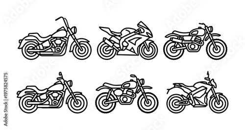 Set of various motorcycle icons. Black line art collection of chopper, sport, classic, and racing bikes. Vector illustration for logo, emblem, or transport design.