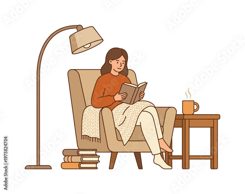 A young woman reads a book in a cozy armchair with a blanket and a hot drink. A concept of home comfort, relaxation, hobby, and hygge lifestyle. Vector illustration.