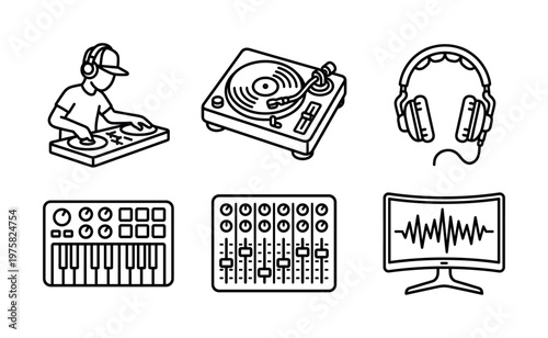 Set of black line icons for music production. Includes DJ, turntable, mixer, headphones, synthesizer. Perfect for web design, apps, and music-themed projects.