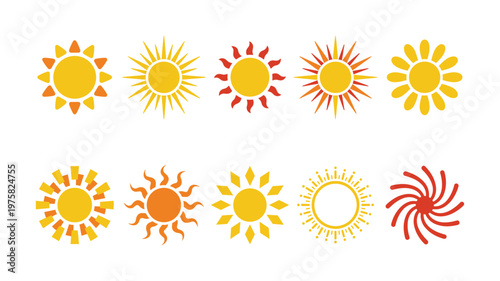 A set of yellow and orange summer sun icons. Various flat vector graphics for logo, weather, or travel design elements. Bright, sunny, and warm symbols.