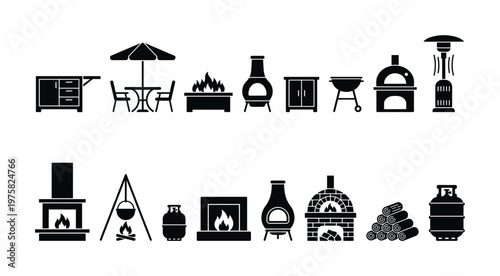 Set of black glyph icons for patio furniture and outdoor heating. Includes BBQ grill, fire pit, fireplace, and oven. Perfect for web, logos, and infographics.