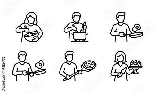 A set of minimalist line icons showing people cooking. Includes mixing, frying, and baking. Perfect for culinary websites, recipe apps, and food blogs. Vector.