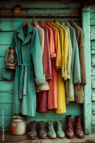 Rainbow of hanging coats in vintage wardrobe — colorful fashion and home scene.