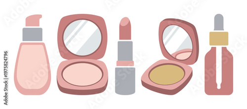 A vector set of makeup and skincare icons. This flat design illustration includes lipstick, powder, and serum for beauty, blog, and cosmetic design projects.