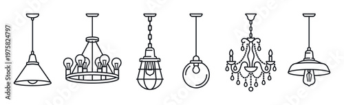 Set of hanging lamp and chandelier outline icons. Various modern, industrial, and classic light fixtures for interior design concepts. Vector illustration.