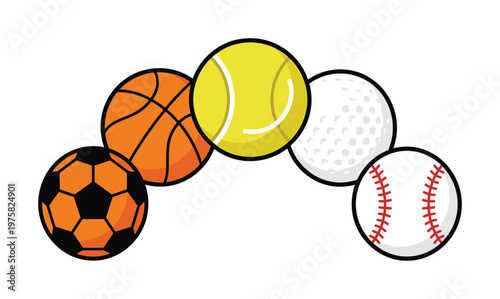 A colorful set of sports balls vector icons. Includes soccer, basketball, tennis, golf, and baseball. Ideal for sports logos, team emblems, or athletic event designs.