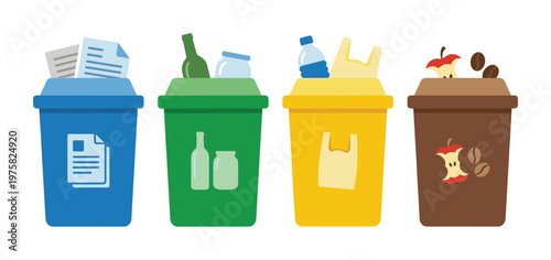 Set of colorful recycling bins for waste sorting. Containers for paper, glass, plastic, and organic compost. Vector illustration for ecology and environment concepts.