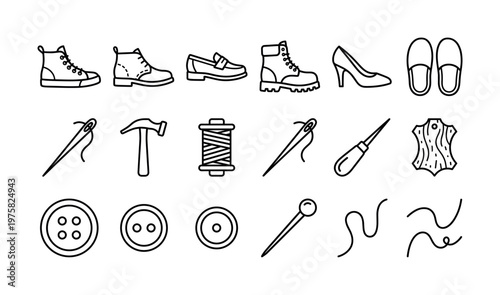A collection of shoemaking and sewing line icons. Includes footwear like boots and loafers, and tools like a hammer, needle, and thread. Perfect for cobbler or tailor services.