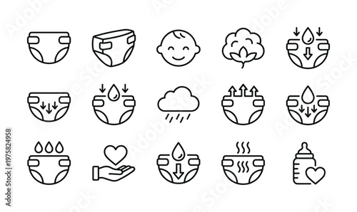 Set of line icons for baby diapers and newborn care. Symbols illustrate product features like absorbency, softness, and comfort. Perfect for packaging and web design.