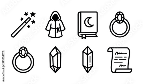 A set of fantasy magic icons for games. Includes wizard wand, spellbook, ring, crystal, and robe. Perfect for RPG UI, fantasy design, and vector assets.