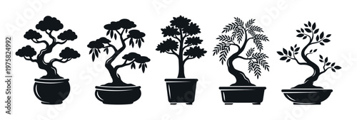 Set of five black bonsai tree silhouettes. Minimalist vector icons for logos, nature, and Japanese design. Represents zen, harmony, and Asian culture.