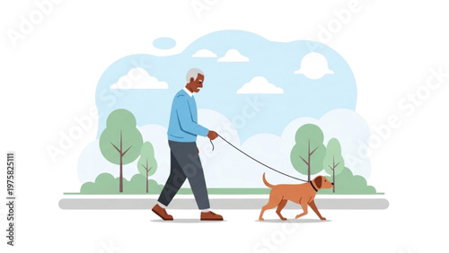 african senior man walking dog in park