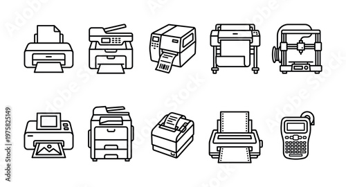 A collection of modern line icons depicting various office printers and technology. This vector set includes plotter, scanner, and 3D printer illustrations for web or app UI.