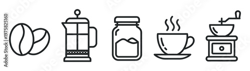 Set of black linear icons for coffee shop. Includes coffee bean, french press, cup, grinder. Minimalist vector illustration for menu, web, app design.
