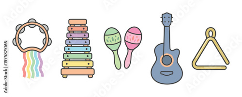 A cute set of musical instrument icons for kids. A collection of colorful vectors including a guitar and xylophone. Ideal for early education and creative design.