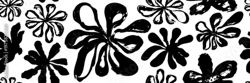 Ink brush stroke flowers seamless pattern