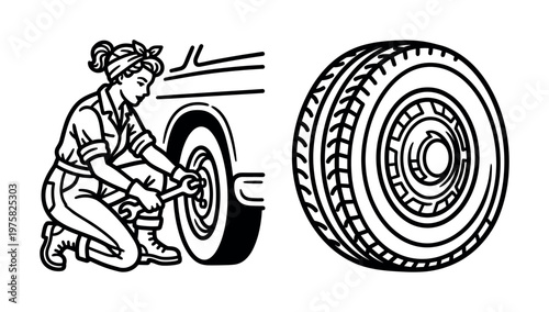 A female mechanic changes a car wheel with a wrench. Retro vector set for auto service, repair, or female empowerment themes. Perfect for logos and icons.