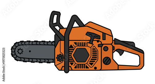 Vector illustration of a modern orange chainsaw. A powerful tool for woodworking, forestry, or lumberjack work. Clean graphic icon for industry or design.