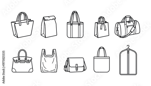A set of various bag icons in a minimal line art style. Includes tote, shopping, travel, and luxury bags. Perfect for retail, fashion, or e-commerce design.