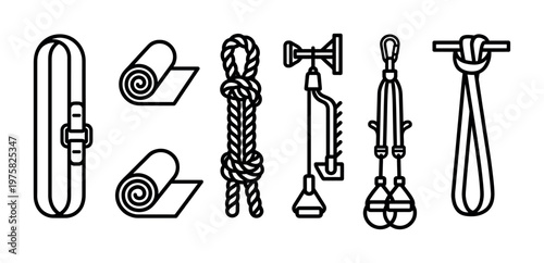 Collection of yoga equipment vector icons. Features props like mats, straps, and ropes in a clean, minimalist line art style for wellness and fitness design.