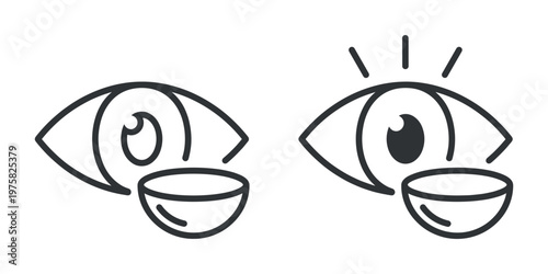 Set of two simple line icons for ophthalmology. Shows an eye with a contact lens for vision correction. Minimal vector illustration for medical or optical use.