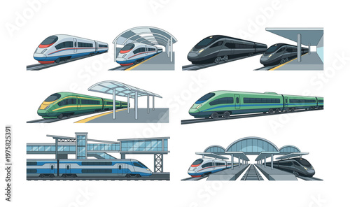 A vector set of modern high-speed trains and railway stations. Perfect for infographics, travel websites, or transportation concepts. Clean, flat design.