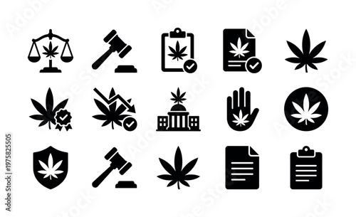 Set of black vector icons on cannabis legalization and law. Includes justice, regulation, medical, and document symbols for web and print design.