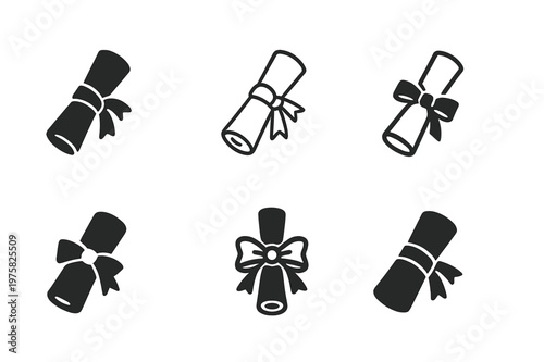 Award Certificate Icons. End-of-year award certificate. Icon set. Set Logo of End-of-year award certificate: diploma scroll tied with ribbon. harmonious logo