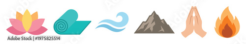 A set of vector icons for yoga, meditation, and wellness. Includes lotus, mat, water, mountain, namaste, and fire symbols representing harmony and balance.