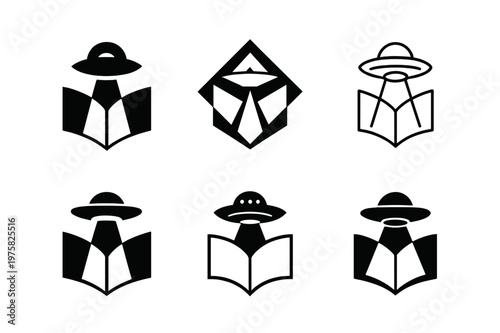 Sci-Fi Book Logos. Science fiction books. Icon set. Set Logo of sci-fi books: open book with UFO beam. harmonious logo variations of the same emblematic