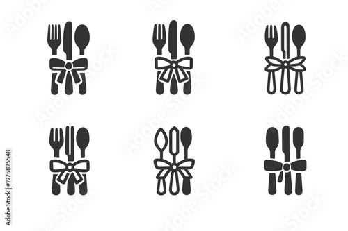 Cutlery Roll Variations. Cutlery roll. Icon set. Set Logo of cutlery roll: utensil set tied with ribbon. harmonious logo variations of the same emblematic
