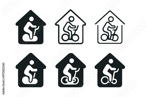 Home Fitness Icons. Fitness at home. Icon set. Set Logo of Fitness at home: stationary bike silhouette. harmonious logo variations of the same emblematic
