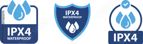 IPX4 Waterproof Rating Icon Set . Blue and Navy Splash Proof Certification Badges for Electronic Devices Vector Illustration