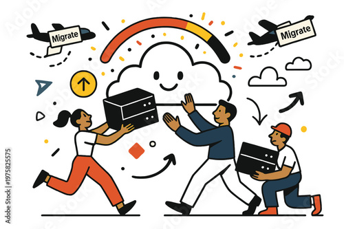 Joyful Cloud Migration. Cloud migration. Engineers lift server boxes into a smiling cloud; tiny planes carry files with ?Migrate? tags. A progress bar arcs