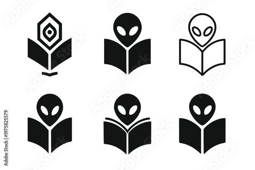 Sci-Fi Logo Variations. Science fiction books. Icon set. Set Logo of sci-fi books: alien eye emerging from book. harmonious logo variations of the same