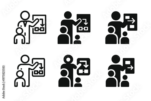 Consulting Icon Variations. A consultant helping a small business improve its operations. Icon set. Set Logo of A consultant helping a small business improve