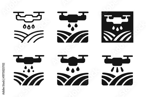 Smart Agriculture Logos. Smart agriculture solutions. Icon set. Set Logo of Smart agriculture solutions: drone spraying crops over field rows. harmonious logo