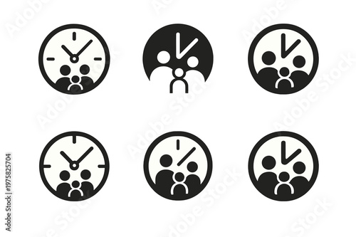 Flexible Work Icons. Flexible work schedules for parents. Icon set. Set Logo of Flexible work schedules for parents: clock with family inside. harmonious logo
