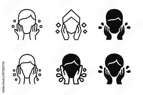 Facial Cleansing Icons. Washing your face. Icon set. Set Logo of Washing your face: face outline with splash. harmonious logo variations of the same emblematic