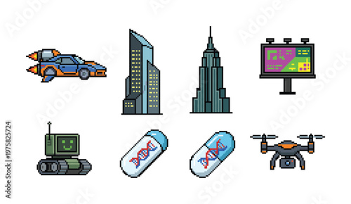 A set of retro 8-bit pixel art icons. Futuristic cyberpunk elements like a flying car, robot, and drone. Perfect for game design, web graphics or tech themes.