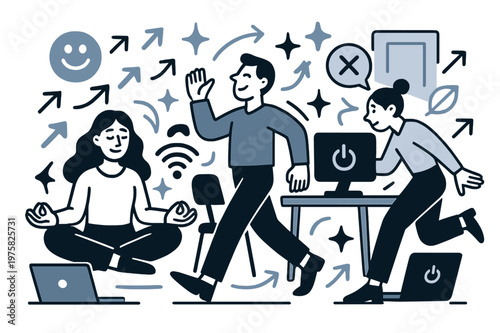 Digital Detox Environment. Digital detox for employees. Office room with devices turned off and abstract floating icons, arrows, and sparkles; conveys mental