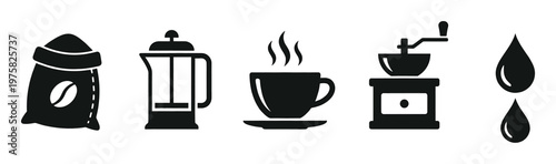A set of black coffee vector icons. Includes coffee grinder, cup, sack, and french press. Perfect for cafe menus, logos, websites, or app design.