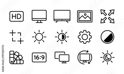 A set of minimalist line icons for display settings and graphic editors. Vector symbols perfect for UI, UX, web, and app design. Includes contrast and brightness.