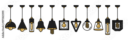 Vector icon collection of modern industrial ceiling lamps. Stylish black and gold pendant light fixtures for interior design, electricity and home decor ideas.